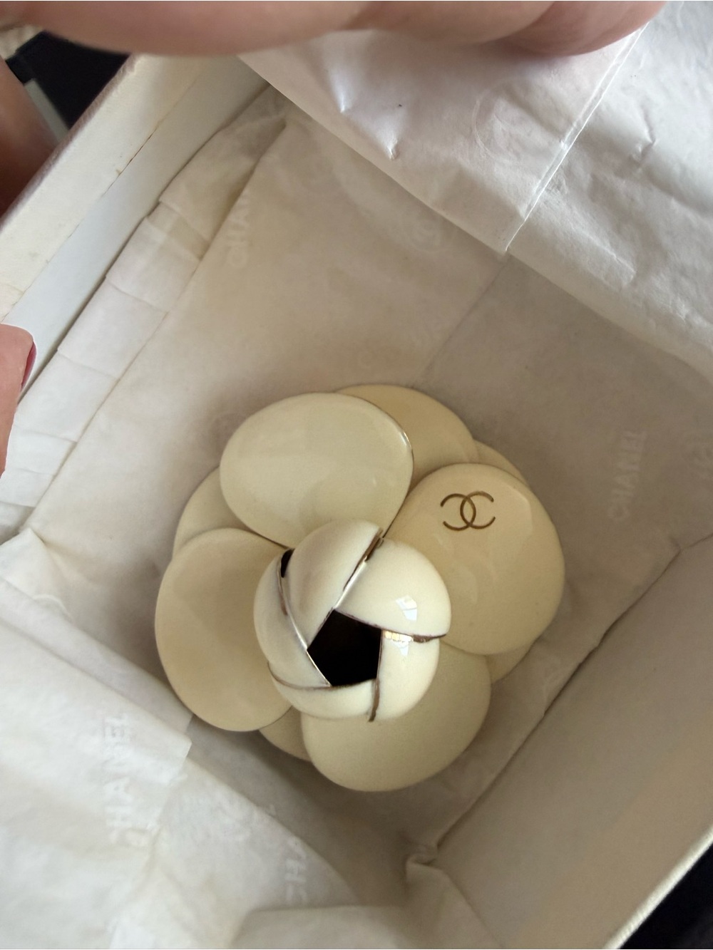 CHANEL Cream Camellia Brooch with Gold CC Accent